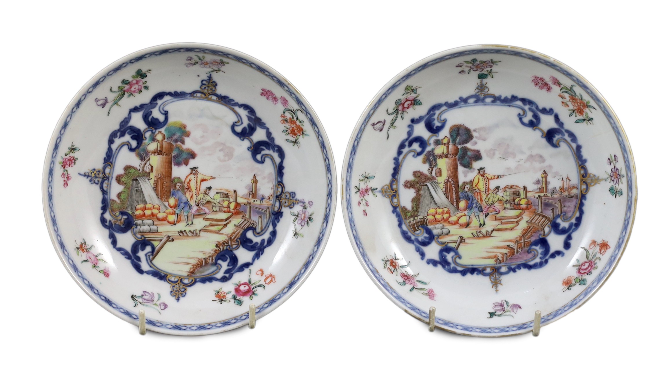 A pair of Chinese export European subject saucer dishes, Qianlong period, 16 cm diameter